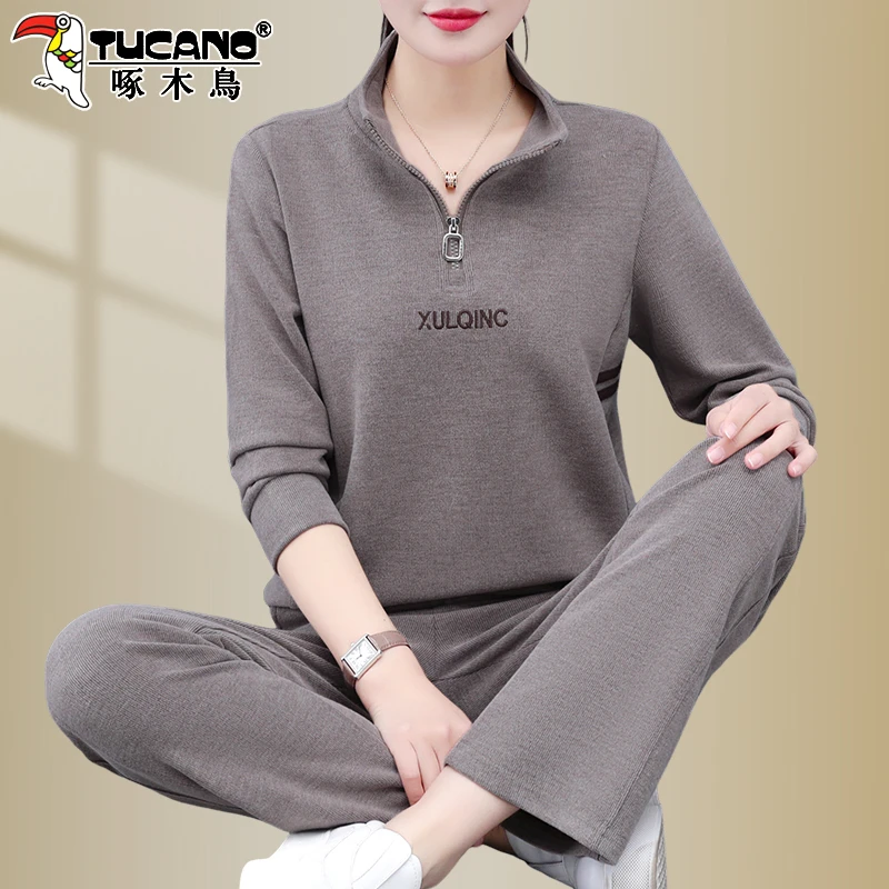 啄木鸟运动套装女春秋2025新款时尚薄款中年妈妈休闲半拉链两件套