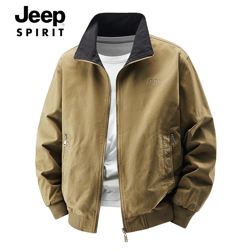 JEEP SPIRIT春秋运动休闲翻领双面穿外套多口袋男士纯棉工装夹克