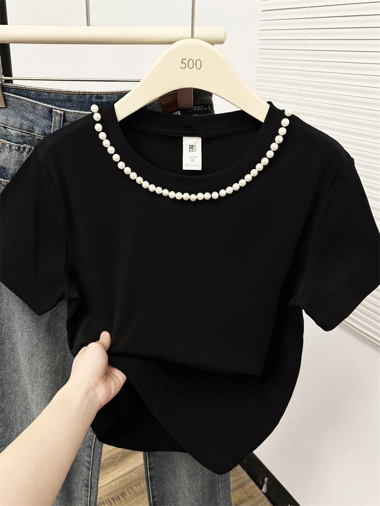 气质时髦钉珠正肩短袖t恤女显瘦黑色百搭弹力韩版修身上