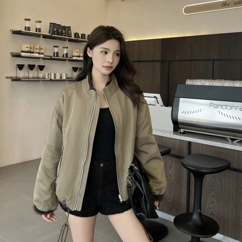 兔毛皮毛一体派克服立领长袖厚款宽松型冬季短款女士外套