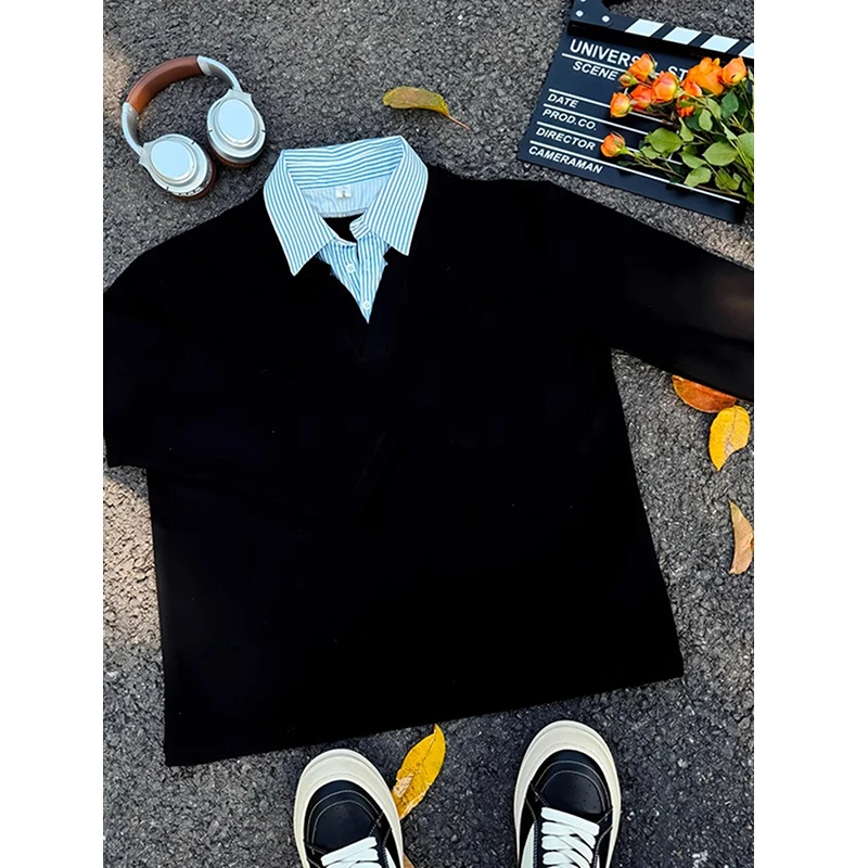黑色衬衫领假两件卫衣男款春秋美式学院风polo衫高级感长袖打底衫