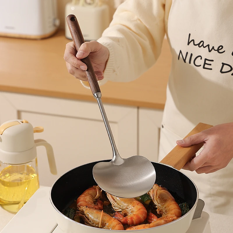 蘑菇铲304不锈钢铲子炒菜勺家用厨房迷你小号锅铲木柄把铁铲煎铲