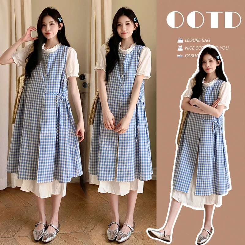 66现货 小个子时尚薄款孕妇装小清新孕妇连衣裙+马甲孕妇套装