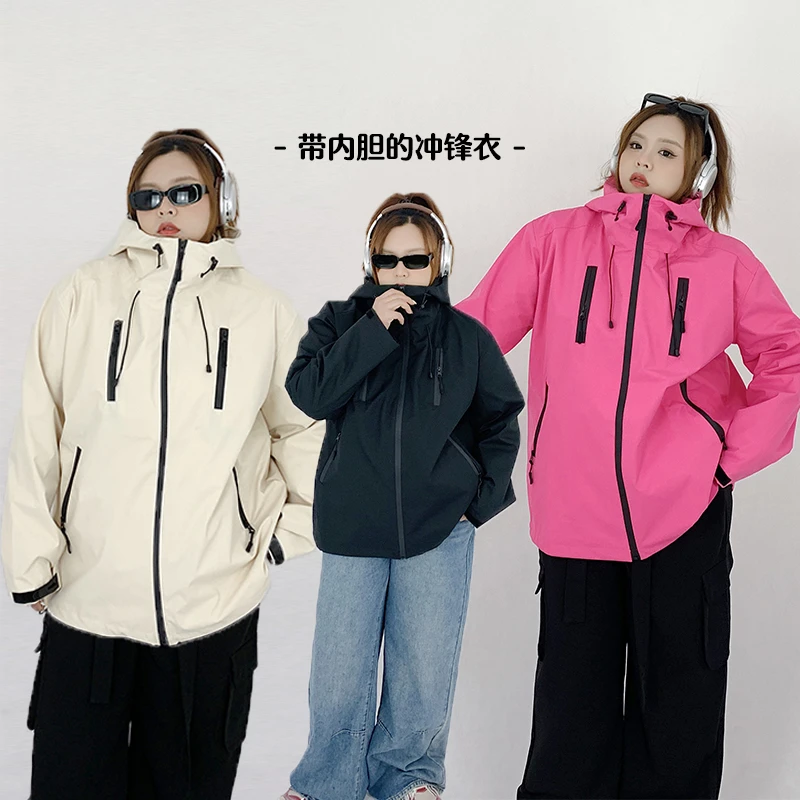 Milu家大码女装冬季休闲硬壳加绒内胆户外冲锋衣胖mm登山外套棉服