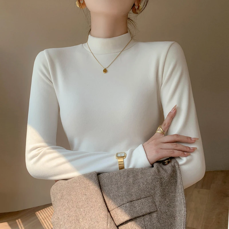 加绒加厚半高领打底衫女秋冬季中领内搭纯色保暖上衣