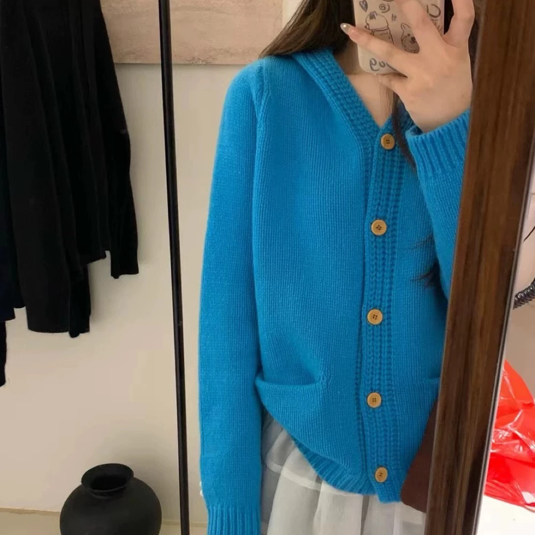 带帽扣子开衫毛衣外套