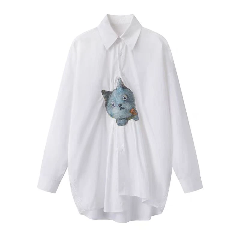 1512春季2025新款百搭宽松可爱猫咪贴布休闲长袖衬衫