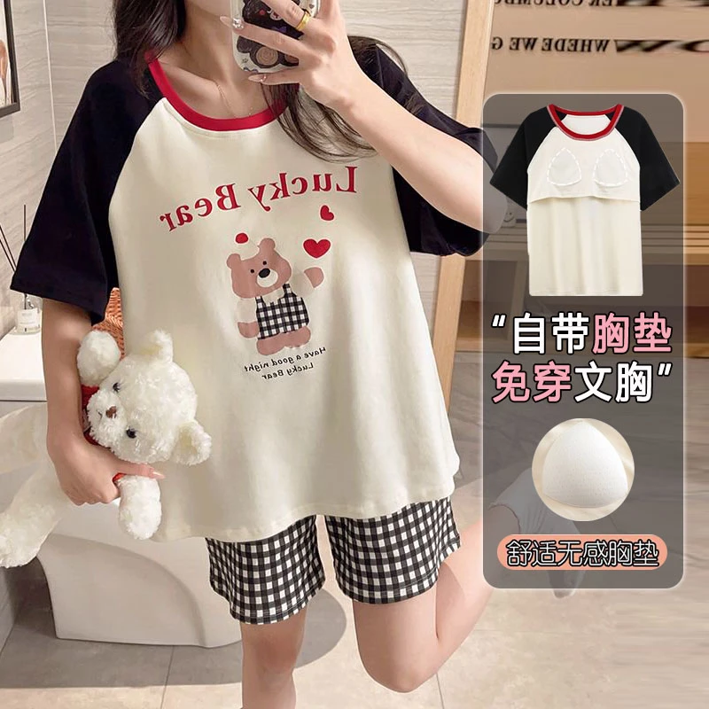 带胸垫一体睡衣女夏季款短袖甜美少女防凸点2025新款可外穿家居服