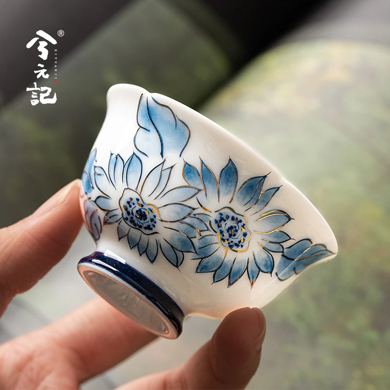 兮元记手绘青花陶瓷茶杯描金主人杯单杯女士个人专用品茗杯花口杯