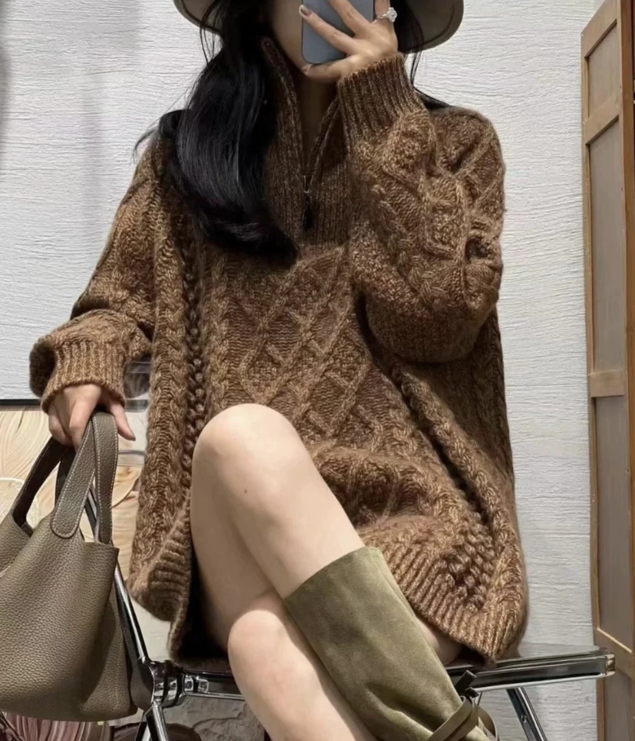 美伦美奂！重磅加厚廓形立领绞花半拉链中长款慵懒套头毛衣9575