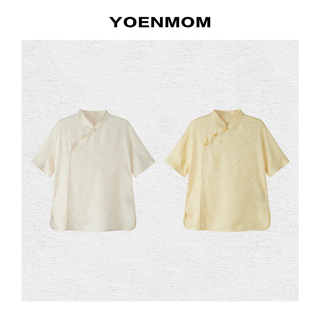 YOENMOM·花如语·夏季新品 100桑蚕丝花罗国风提花斜襟扣立领上衣