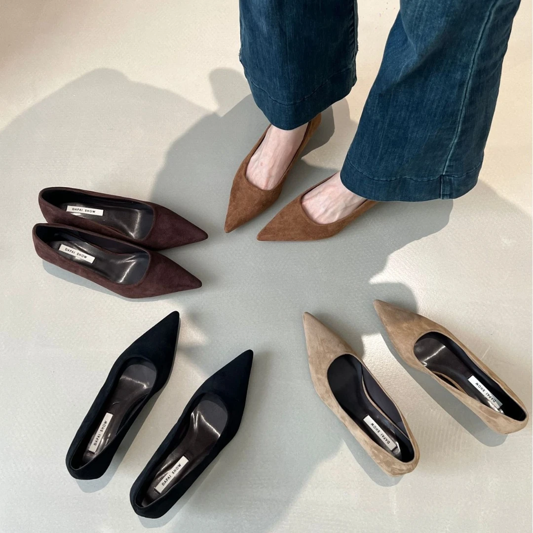 2025新款黑色通勤细跟绒面浅口单鞋女气质法式尖头高跟鞋女