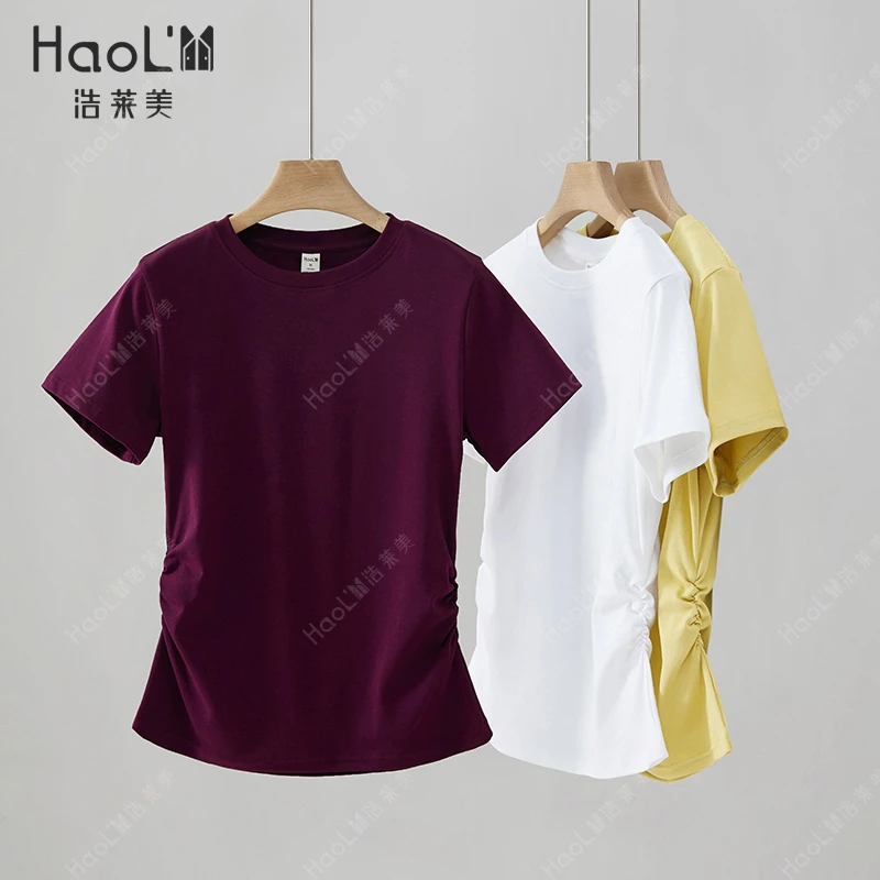 2025夏季新款爆款侧边褶皱修身显瘦体恤上衣正肩短袖t恤女