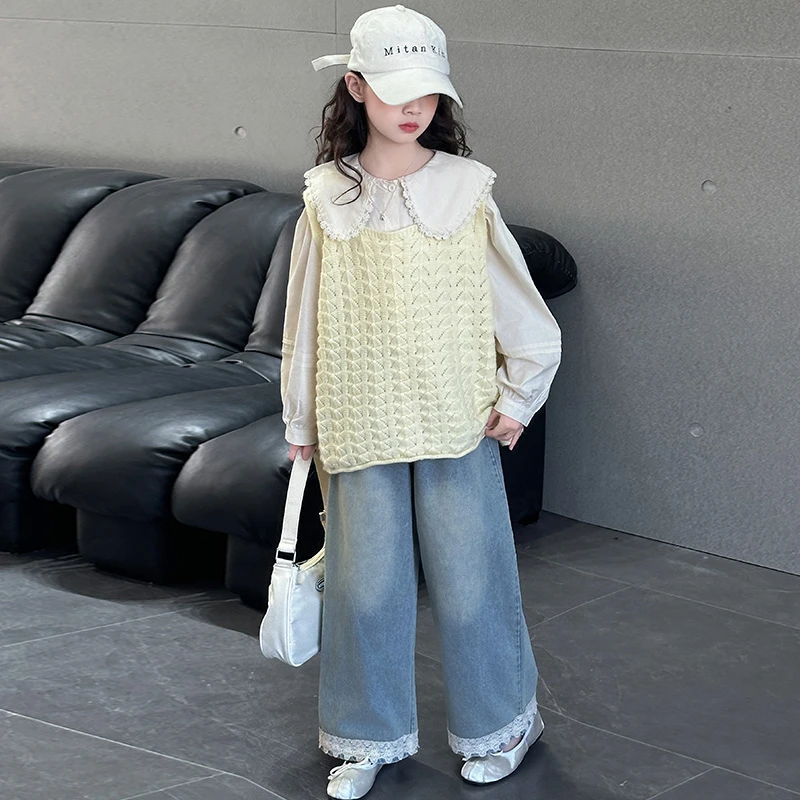 女童春秋毛衣马甲套装儿童春装韩系衬衫宽松牛仔裤阔腿裤三件套潮