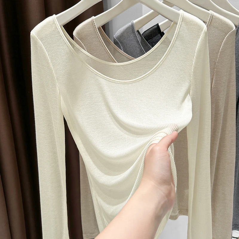 杏色大圆领低胸纯欲打底衫女士2025秋季新款薄透螺纹修身上衣T恤