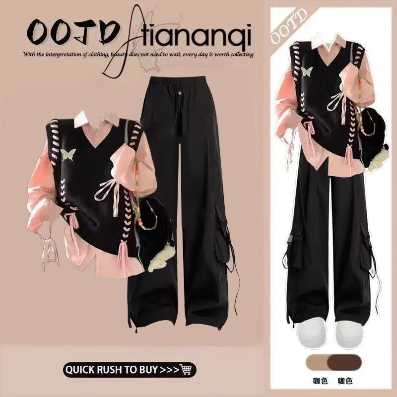 春季一整套学院2025年宽松时尚衬衫减龄休闲针织马甲工装裤三件套