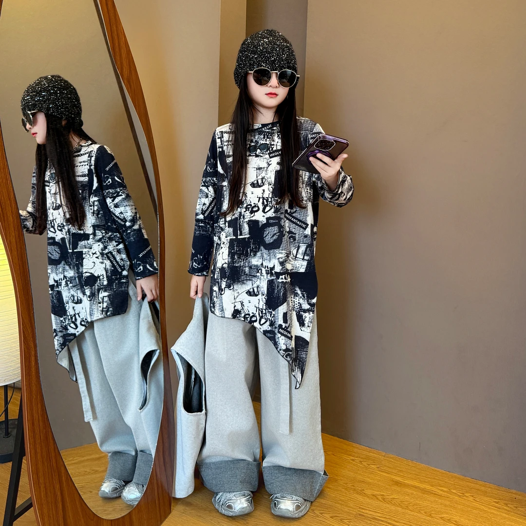 女童2025新款春秋季港风韩版时尚印花长衫牛仔马甲休闲裤套装潮酷