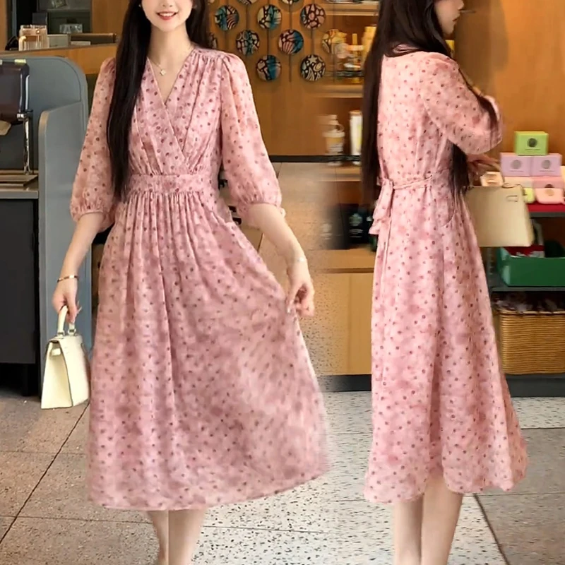 时尚法式设计感绑带波点连衣裙2025夏季新款气质显瘦七分袖中长裙