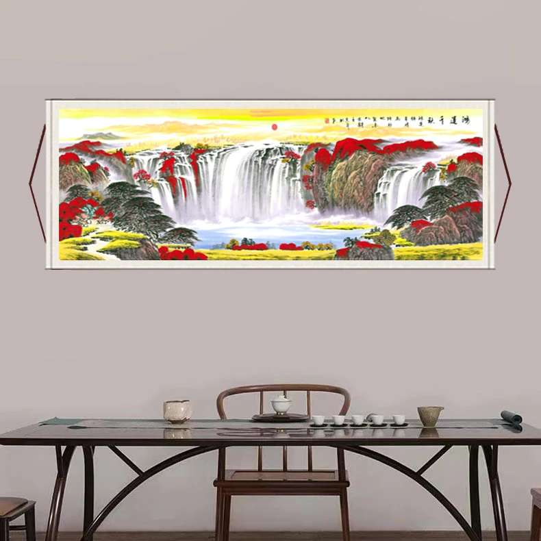 《鸿运千秋黄金满地》大气背景墙横幅挂画国风山水画靠山图装饰画Y6