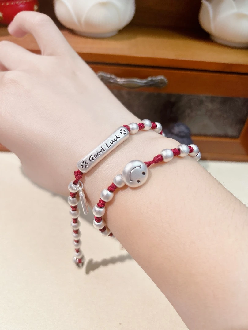 足银手链 好运连连笑脸百搭款goodluck红绳