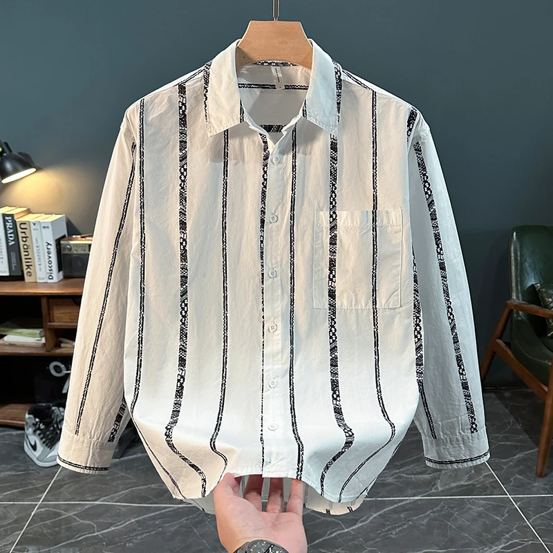 轻奢日系潮流条纹长袖衬衫男士秋季时尚休闲百搭帅气文艺宽松衬衣
