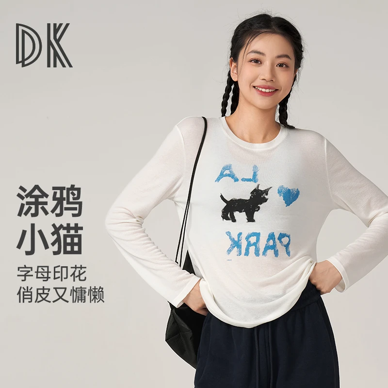 【兰精天丝+19%羊毛】 高品质印花小猫长袖宽松显瘦休闲T恤6411