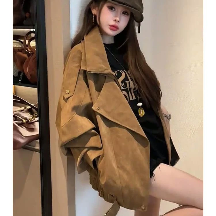美式复古棕色机车风麂皮绒外套女秋季感宽松翻领廓形感夹克潮