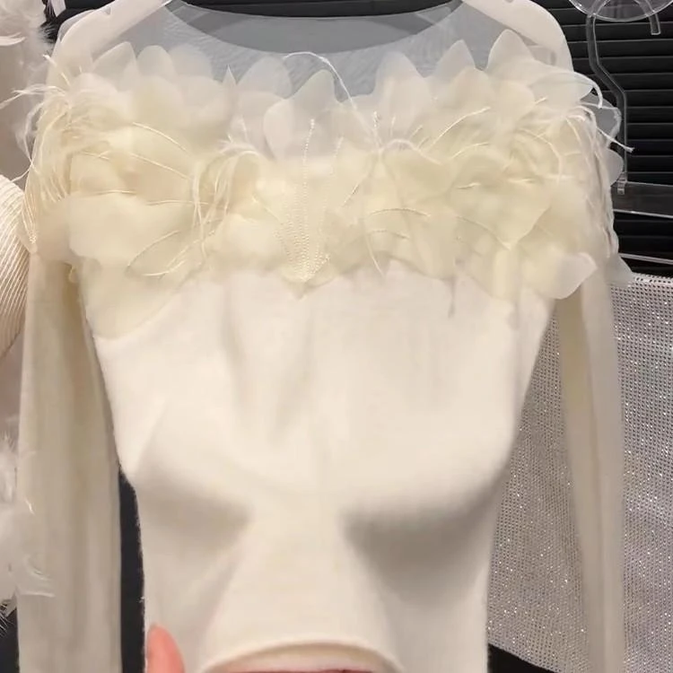 99666法式洋气蕾丝拼接长袖女款宽松设计感气质针织衫大码女装