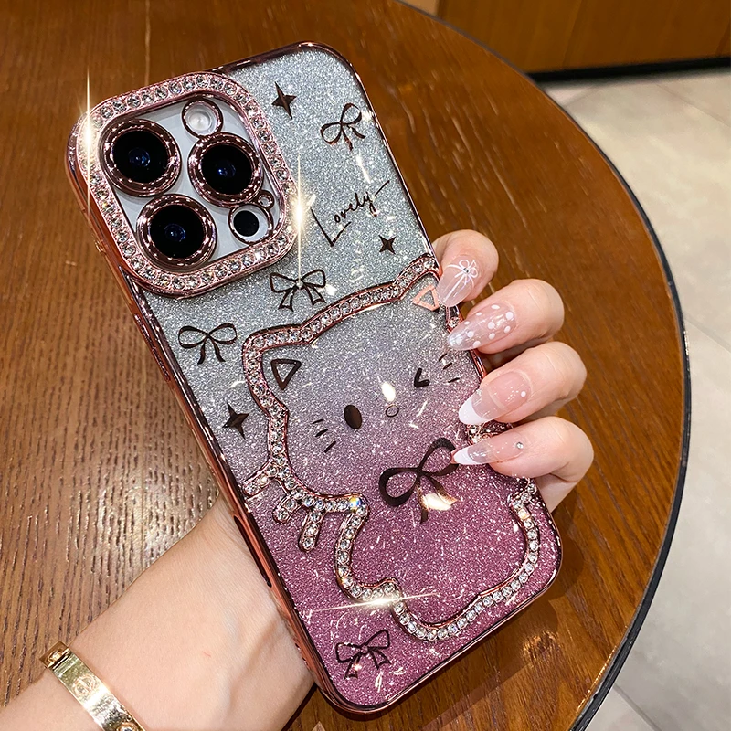 适用苹果16promax手机壳可爱猫咪iPhone15全包14奢华水钻13女12潮