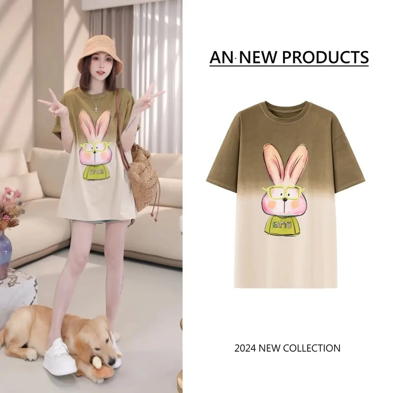 【序日月雾】B6151时尚设计感宽松渐变百搭卡通兔子字母T恤