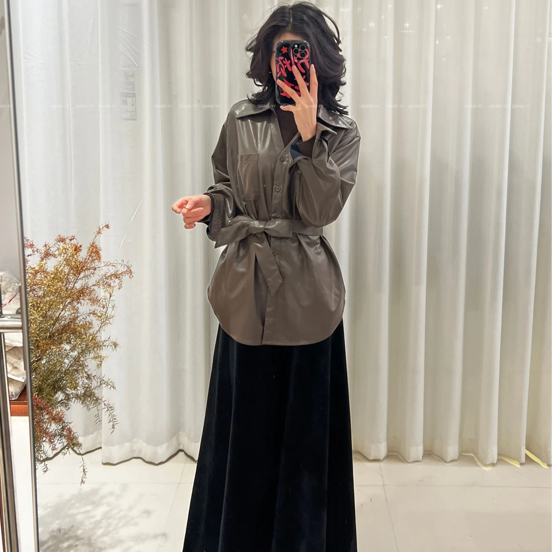 长袖中长款韩气皮衣衬衫极简风女装春季翻领385