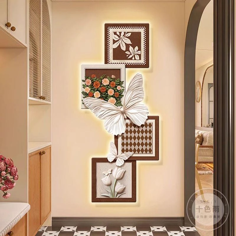 法式中古风入户玄关装饰画玫瑰蝴蝶壁灯客厅挂画复古走廊过道壁画