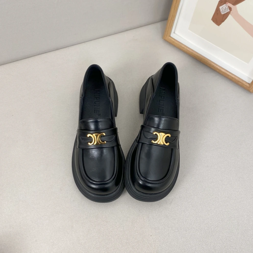 2025春季学院风厚底乐福鞋女百搭英伦风黑色小皮鞋粗跟一脚蹬单鞋