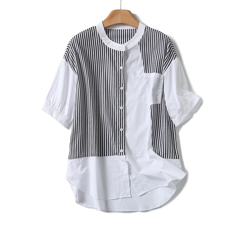 特！门店15&9！显瘦纸片人全棉抗皱圆领条纹撞色衬衫女l71312