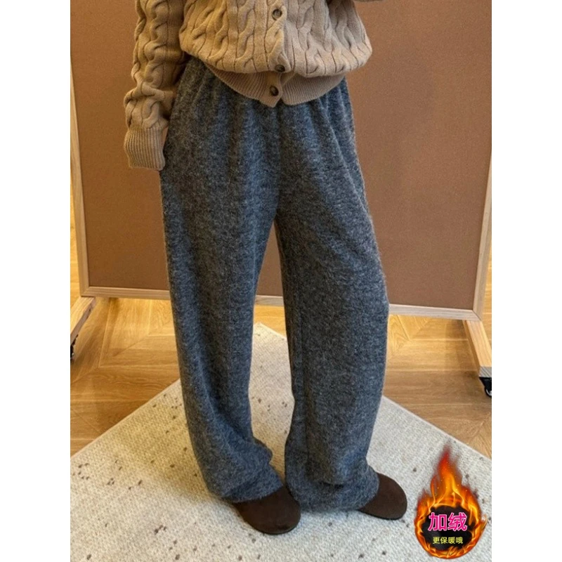 韩版纯色显瘦休闲裤女款秋冬加绒加厚高腰大码网红洋气阔腿裤子