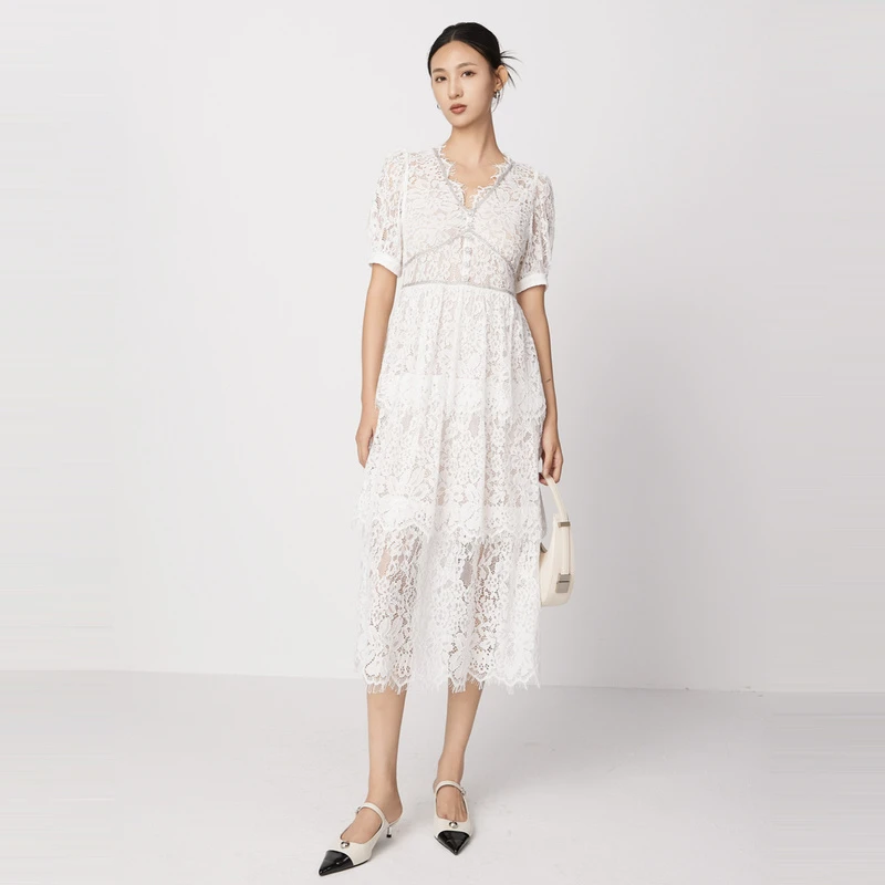 hply young荷比俪新秋女V领钻饰蛋糕裙重工蕾丝连衣裙HDE32750225