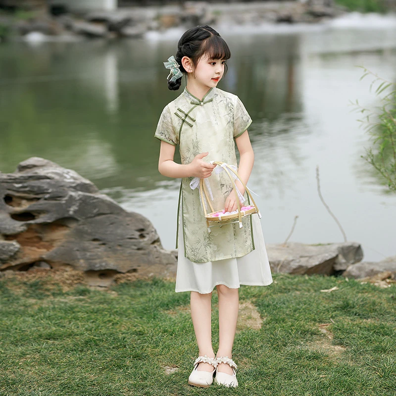 女童绿色旗袍新中式国风儿童奥黛礼服小女孩连衣裙六一古筝演出服