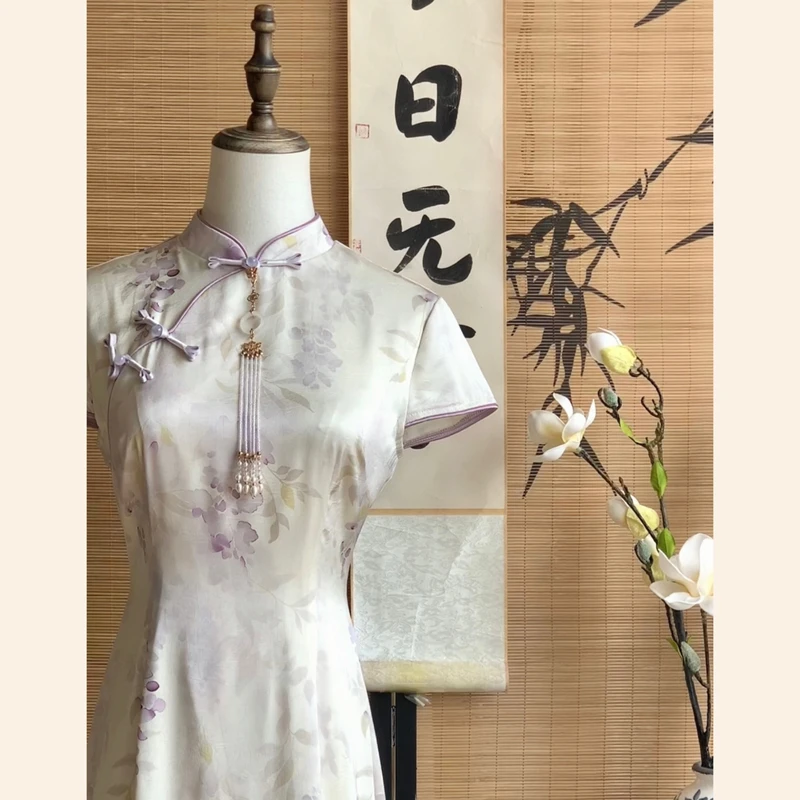 【烟雨紫藤】新中式改良旗袍日常少女气质收腰国风印花连衣裙