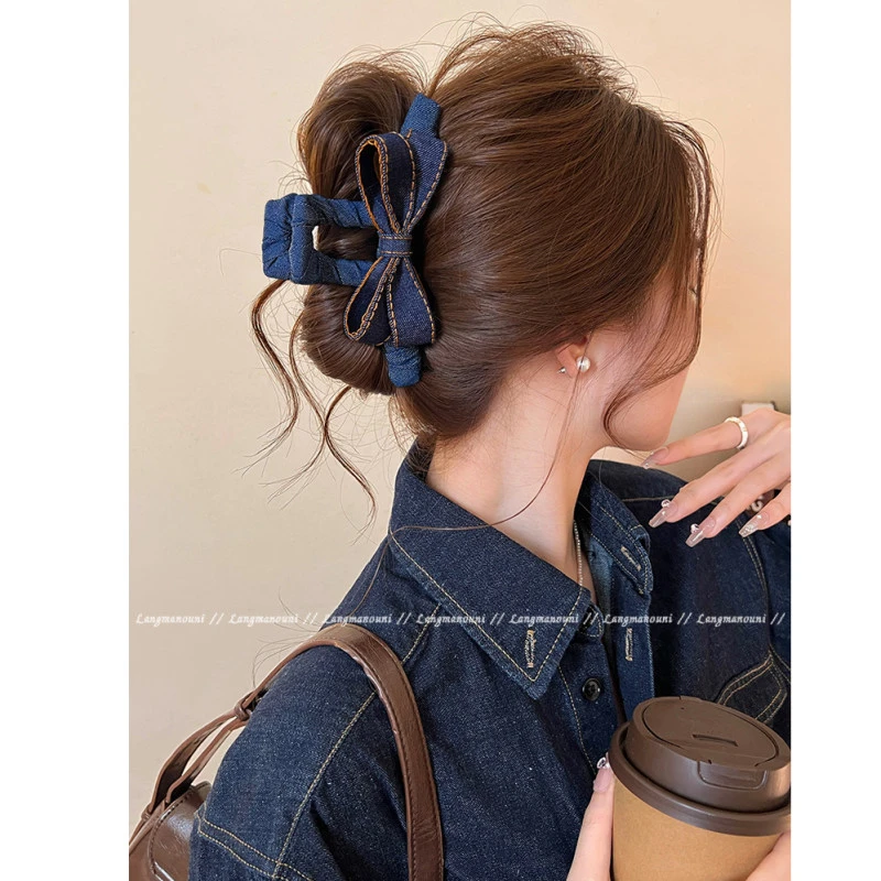 牛仔蝴蝶结抓夹女2025新款韩系时髦鲨鱼夹发夹高级感盘发大号发饰