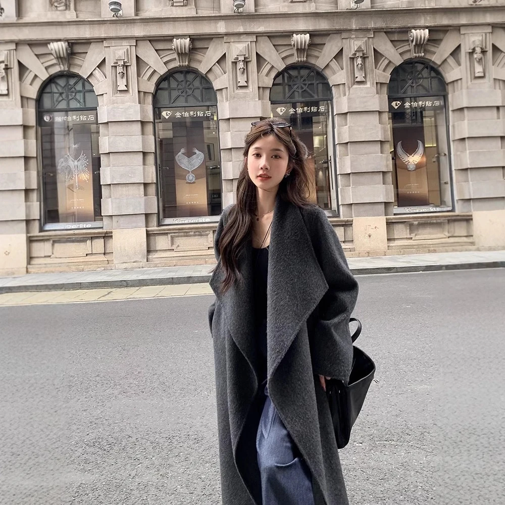 翻领双面羊毛加厚长毛外套女立领双面羊绒拍照大衣女秋冬大衣穿搭