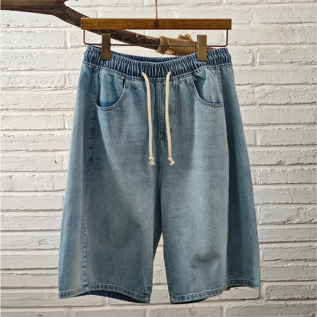 夏季新款韩系五分松紧腰高腰显瘦直筒休闲中裤牛仔短裤女