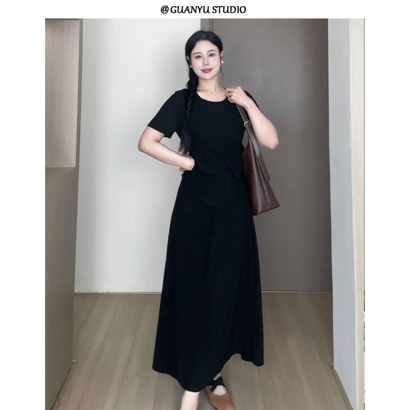 【庄园假日】蛋妹大码女装微胖夏季经典圆领收腰显瘦上衣DM27530