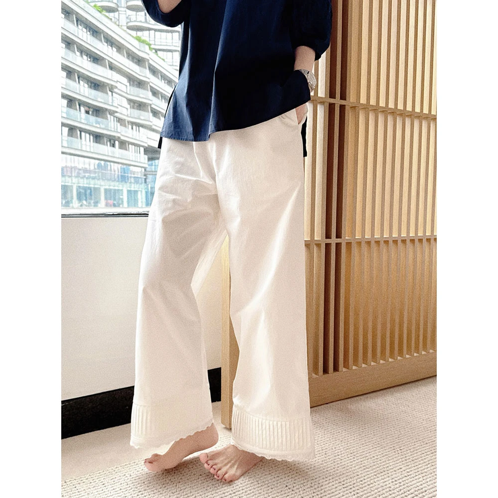 【MGDM】春夏酵洗蕾丝拼接刺绣休闲裤宽松直筒裤风琴褶气质长裤子