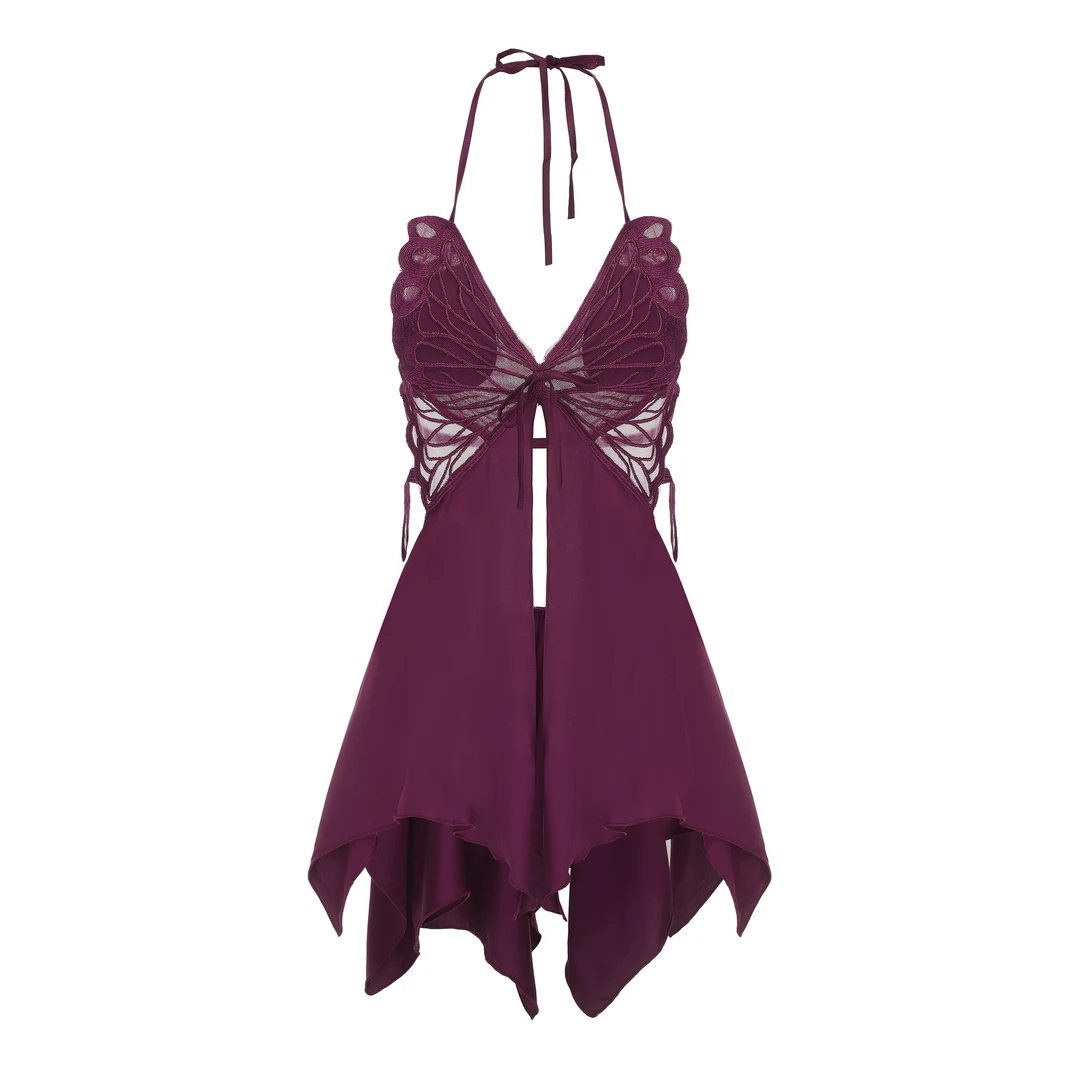 性感露背聚拢吊带睡衣开衩蝴蝶胸垫外袍家居服套装四季通用青