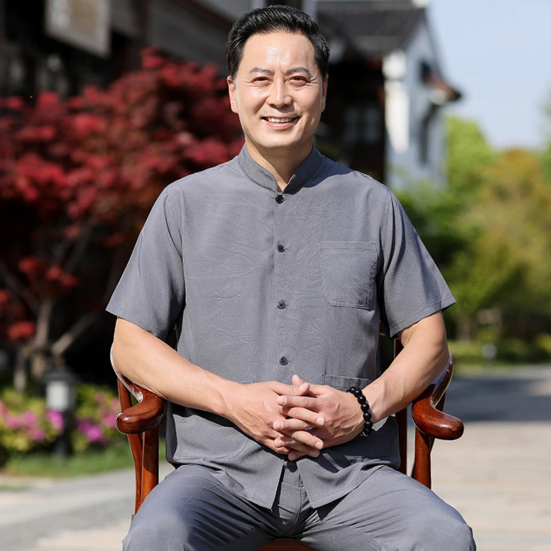 唐装男夏季薄款短袖衬衫中国风冰丝夏装套装中老年人爸爸男装