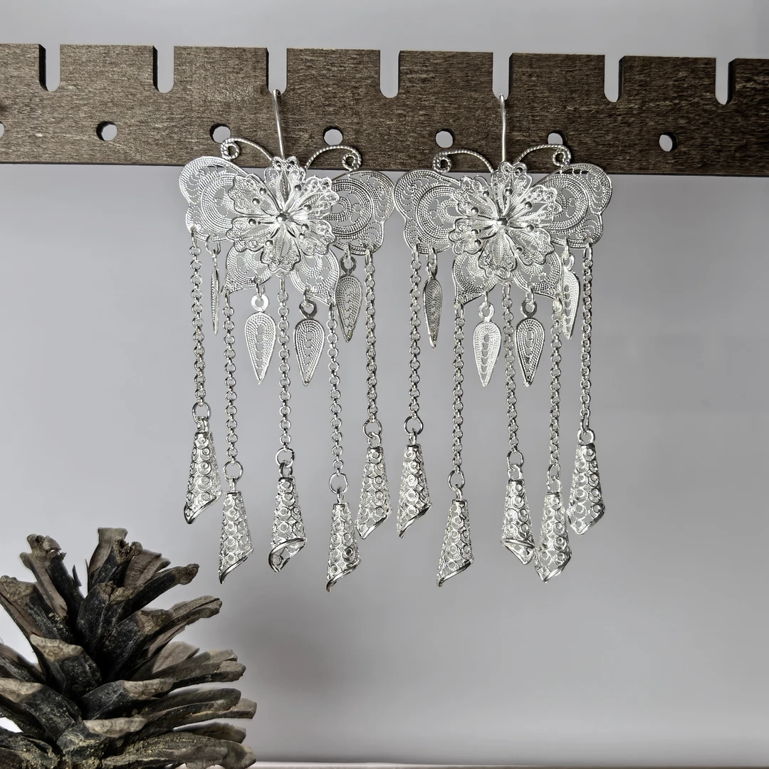 足银耳饰 足银990大蝴蝶花丝小喇叭流苏耳环复古古风民族风银制品