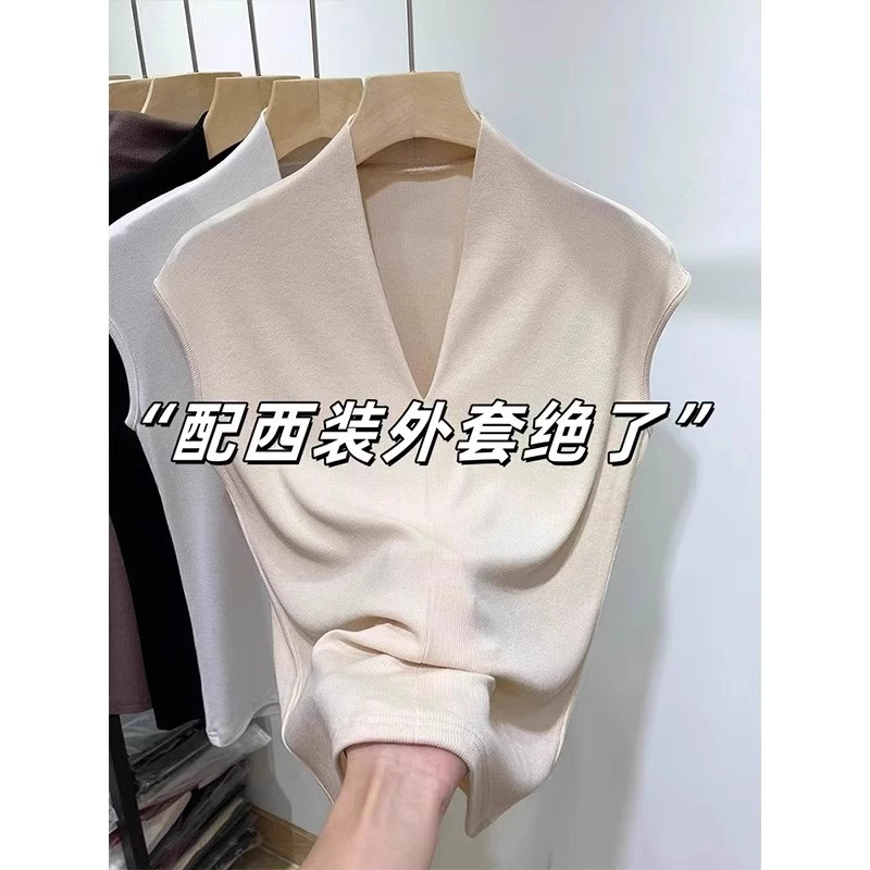 白色V领短袖T恤女薄款2024夏季新款螺纹弹力修身气质冰丝无袖上衣