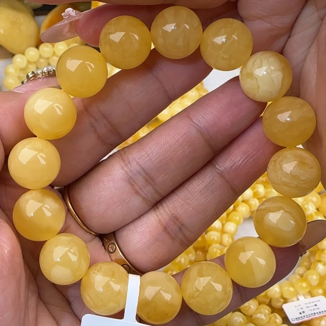 蜜蜡未镶嵌手链黄白花圆珠手串
