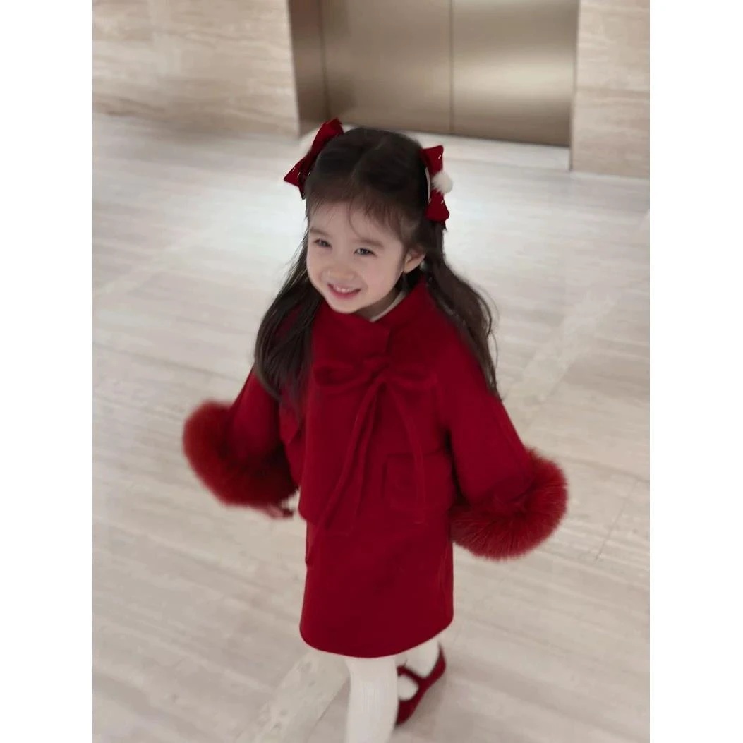 YeeHoO英氏【断码】2026拜年服女童红色套装冬季大衣儿童双面呢外套