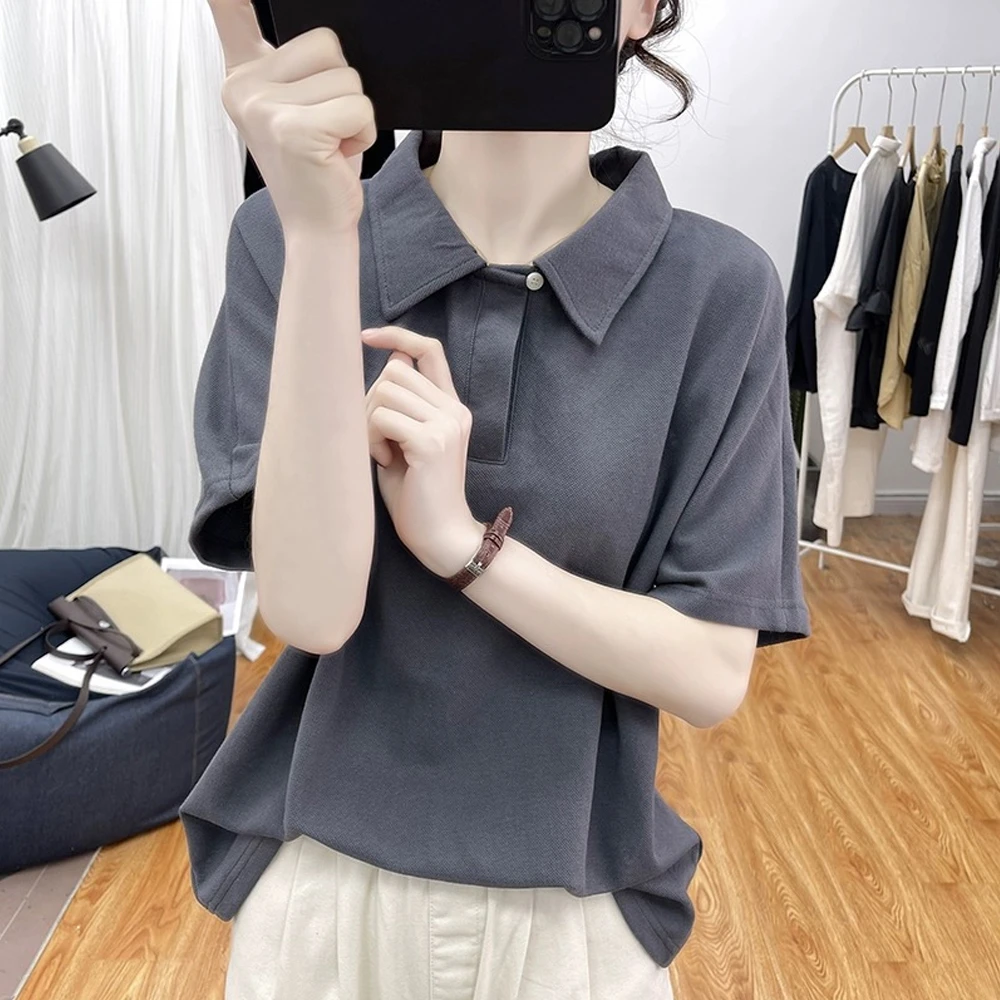港风时尚翻领设计感夏装短袖棉T恤女上衣夏季新款通勤百搭polo衫